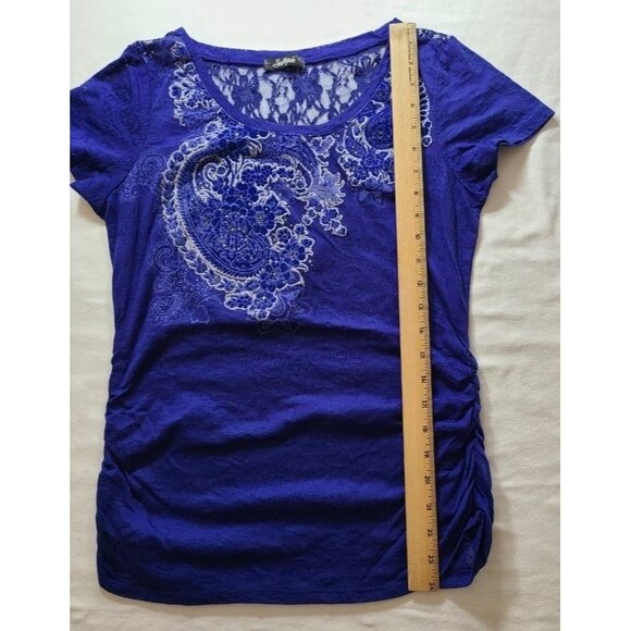 SouthPole Blue Velvet Tee Size Small Ruched Sides Floral Lace Top - Picture 8 of 8